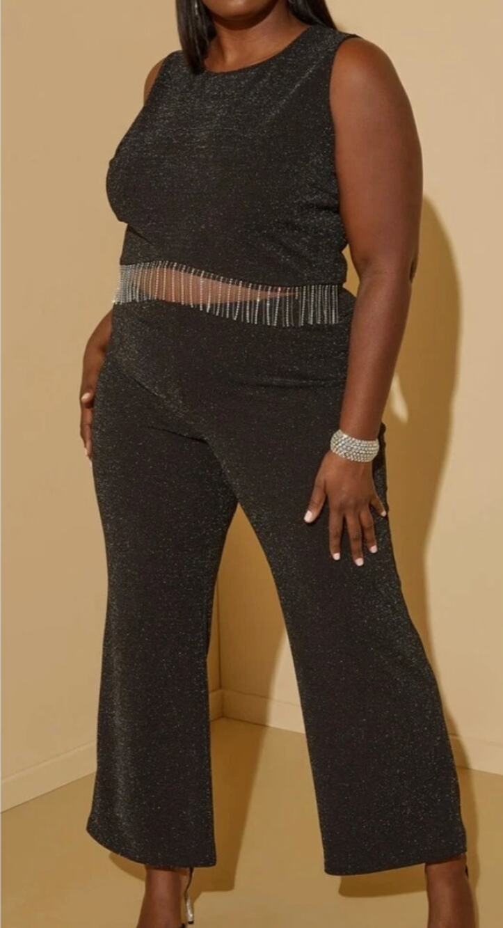 Ashley Stewart Crystal Fringe Black Glitter 2 Piece Set 5X NWT Plus Size